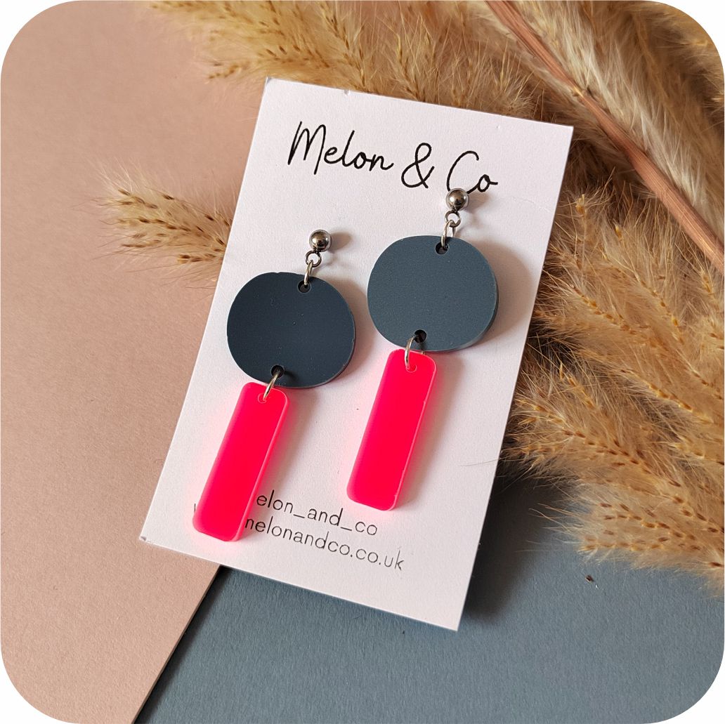 Acrylic Boho & Drop Earrings - Matte Denim & Neon Pink
