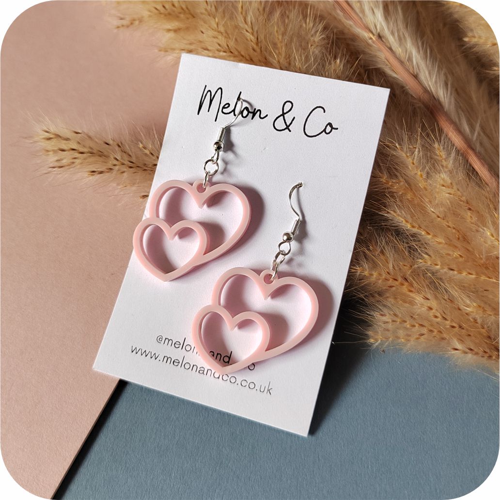 Acrylic Double Heart Earrings - Various Colours