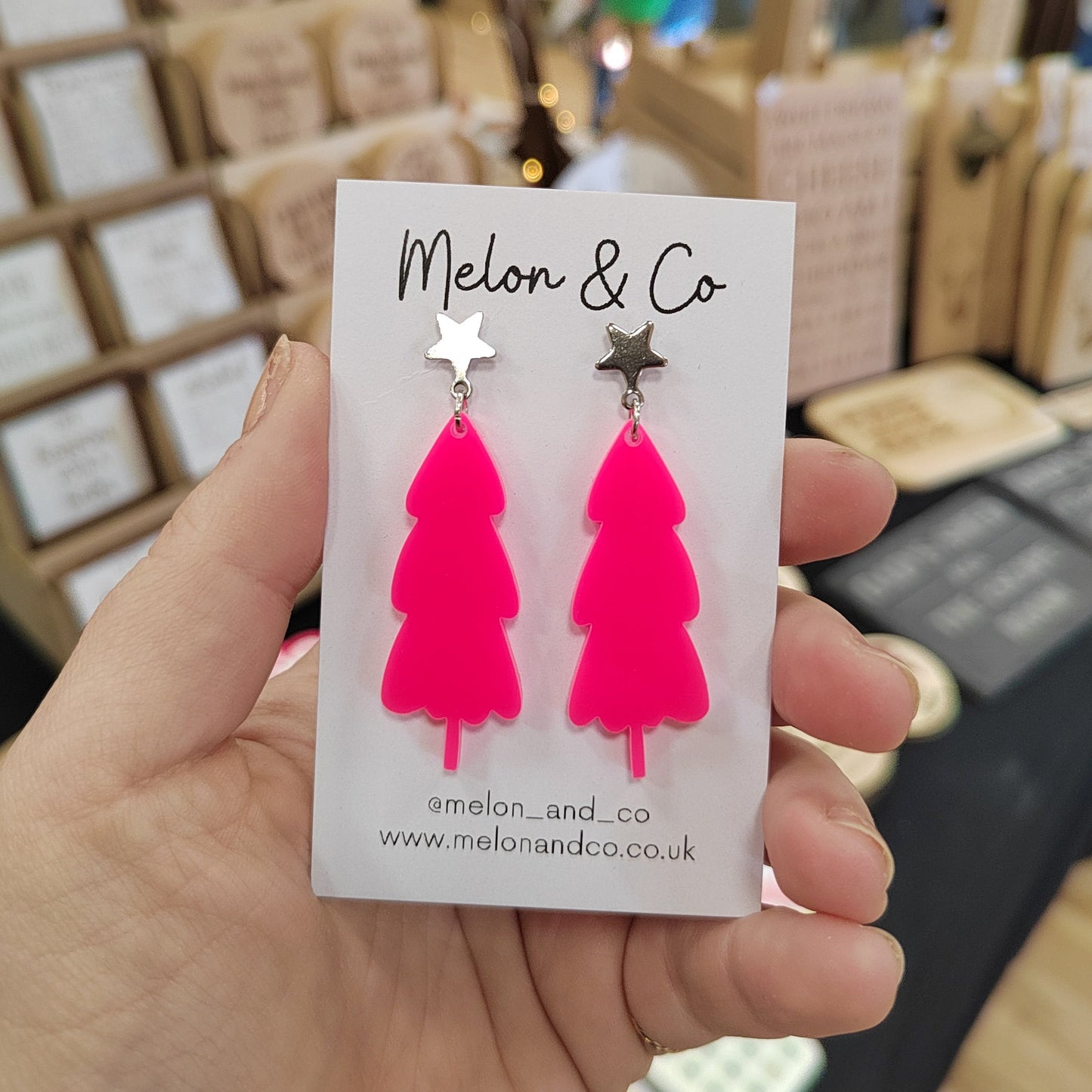 Acrylic Christmas Tree Earrings - Skinny Pink Design