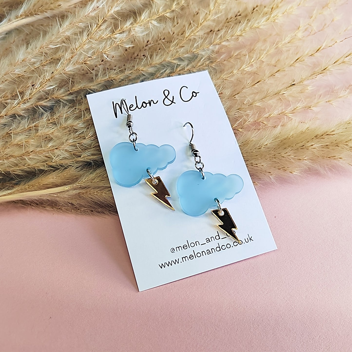 Lightning Cloud Earrings - Pale Blue and Gold Mirror